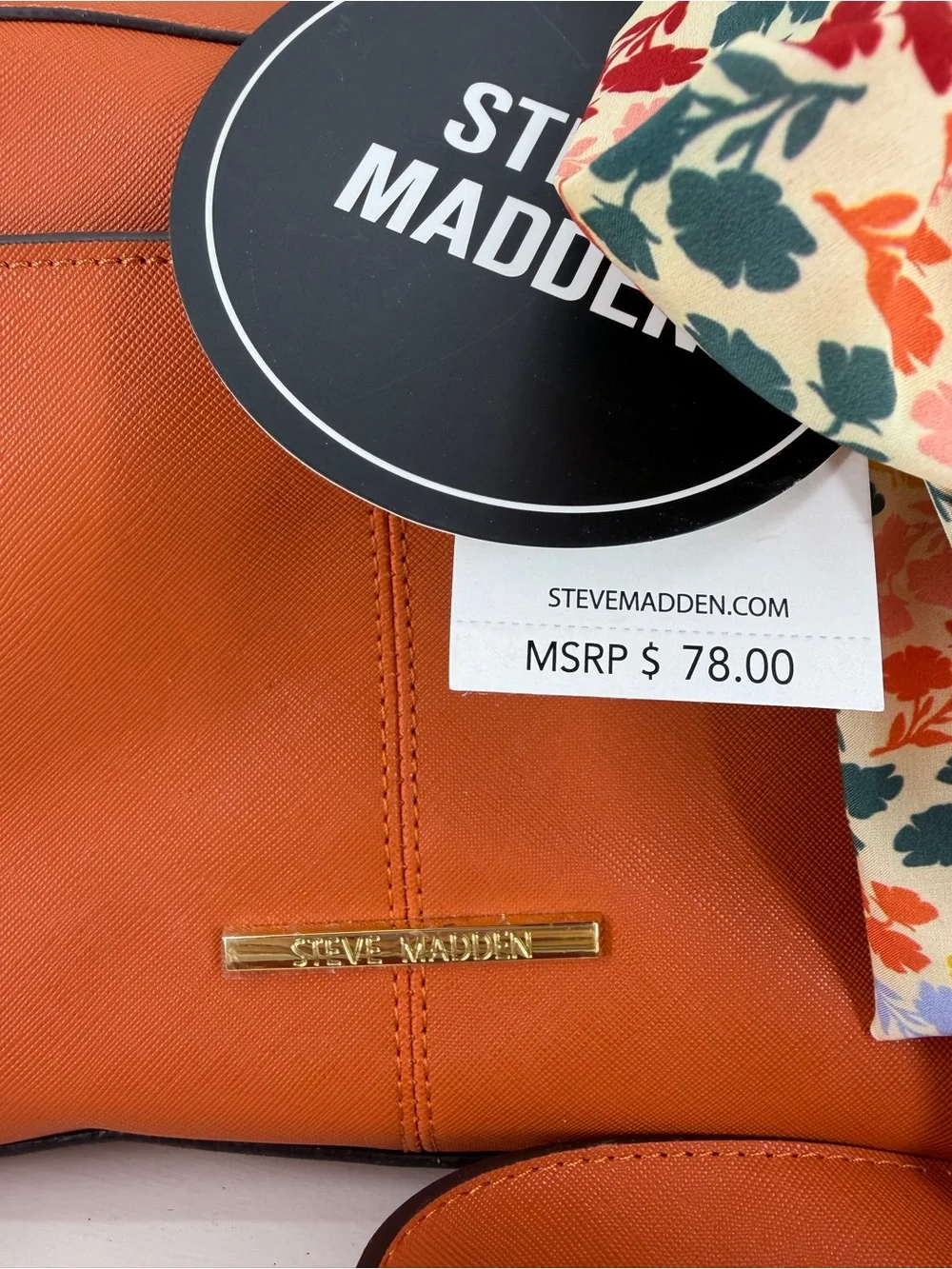 Steve Madden Orange Crossbody Satchel with Floral Scarf Accent - Picture 2 of 10